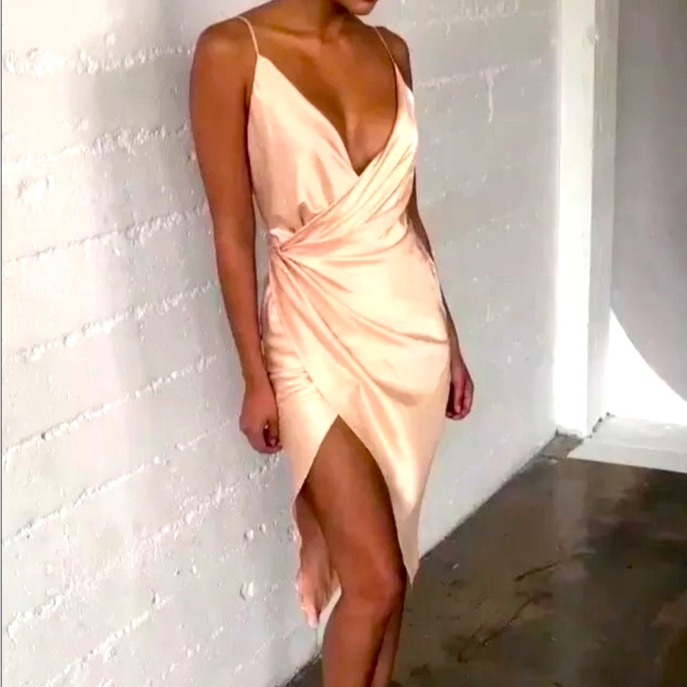 HOUSE OF CB 'Coco' Beige Satin Drape Back Dress NWOT